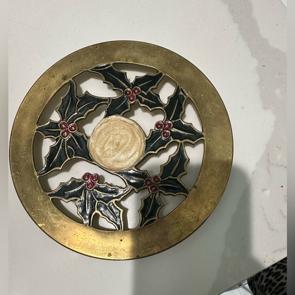 Brass Enameled Holly Berries Footed Trivet Hot Plate Christmas Vtg Holiday 7"